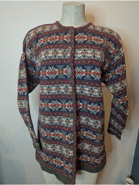 Vintage Fairsle wool Cardigan Multi Tonal Knit Sweater Metal Buttons Size M